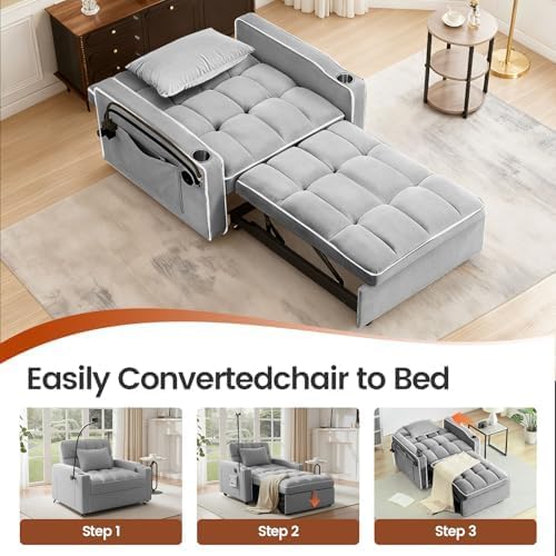 Sleeper Chair, Convertible Pull Out Chair Sleeper with Bracket and Cup Holder, Chairs Bed Sleepers with USB Ports for Adults, 3 in 1 Single Sofa Bed for Small Spaces, Living Room, Gray