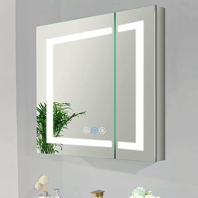 Lighted Medicine Cabinet with Mirror Outlet,30 X 26 Inch,Recessed Or Surface-Mounted Led Medicine Cabinet Mirror for Bathroom Storage,Interior Light, Double Door,Defog,Stepless Dimming