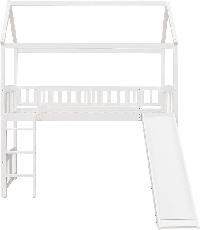 House Loft Bunk Bed Frames with Slide No Box Spring Needed for Teens, Girls or Boys