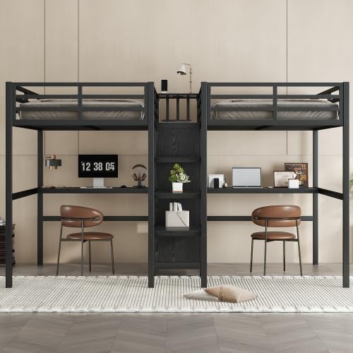 Harper & Bright Designs Twin Metal Loft Bed with Desk and Wardrobe for 2, Double Loft Bed Frame with Storage Shelf and Electrical Outlet, Black