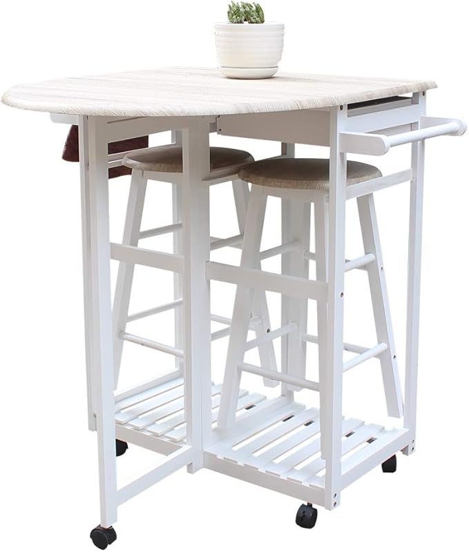 FCH Drop Leaf Dining Table with Chair Sets for Small Kitchen 3 PCS Wooden Kitchen Trolley Cart with Wheels 2 Round Bar Stools and 2 Drawers for 2 Person
