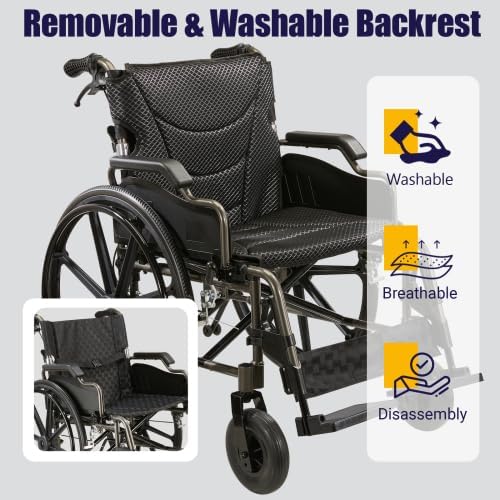 Lightweight Aluminum Alloy Transport Wheelchair for Adults - 20" Wide Seat with Front/Rear Locking Brakes, 24" Quick-Release Wheels, Foldable Design, 350 lbs Capacity (Grey)