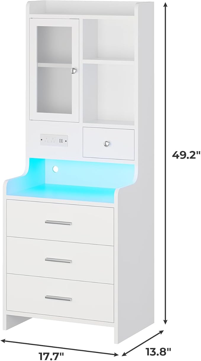 ADORNEVE White Nightstand Set of 2 with Charging Station,49.2" LED Night Stand for Bedroom,Tall Bedside Table with Bookshelf and Drawers,Side Tables Bedroom