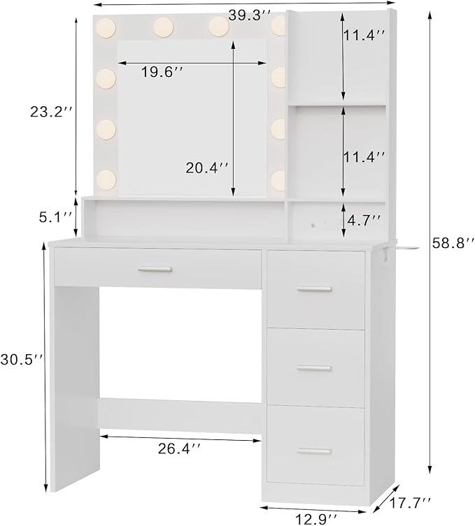 YESHOMY 39" Vanity Desk with Mirror & Lights, Makeup Vanity Table with Power Outlet & Storage Drawers, 3 Color LED Lighting, Dressing Table for Bedroom, White