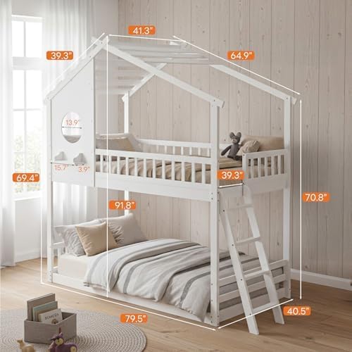 DUMOS Wood Twin Over Twin House Bunk Bed, Loft Bed with Ladder, Safety Guardrail, Wooden Slats & Window, Kids Twin Bed Frame for Teens Juniors, Freely Decorative House Roof