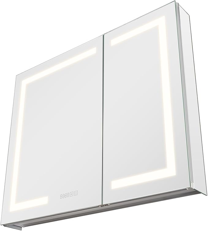VEVOR Lighted Medicine Cabinet with Mirror, 36 x 30 in Recessed or Wall Mount, 3 Color Dimmable LED Bathroom Medicine Cabinet with HD Mirror, Clock, Adjustable Shelve Storage, Memory Defog Function