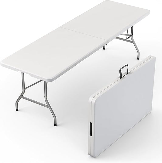 Our Modern Space 8 Feet Foldable Table with Built in Handle & Steel Legs | Heavy Duty Portable | Perfect for Party, Dining, Wedding, Events, Picnic Indoor, Outdoor, Camping, Utility, Temporary
