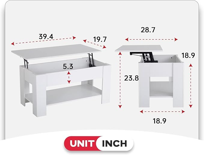 FDW 39.4" Lift Top Coffee Table with Hidden Compartment and Storage Shelf Wooden Lift Tabletop for Home Living Room Reception Room Office,White