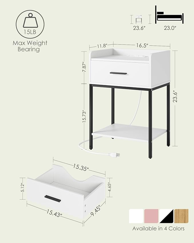 Nightstand with Charging Station, Modern Bedside Table with Drawer and Legs,White and Black Night Stand with Open Shelf, Narrow Side Table for Bedroom, Living Room