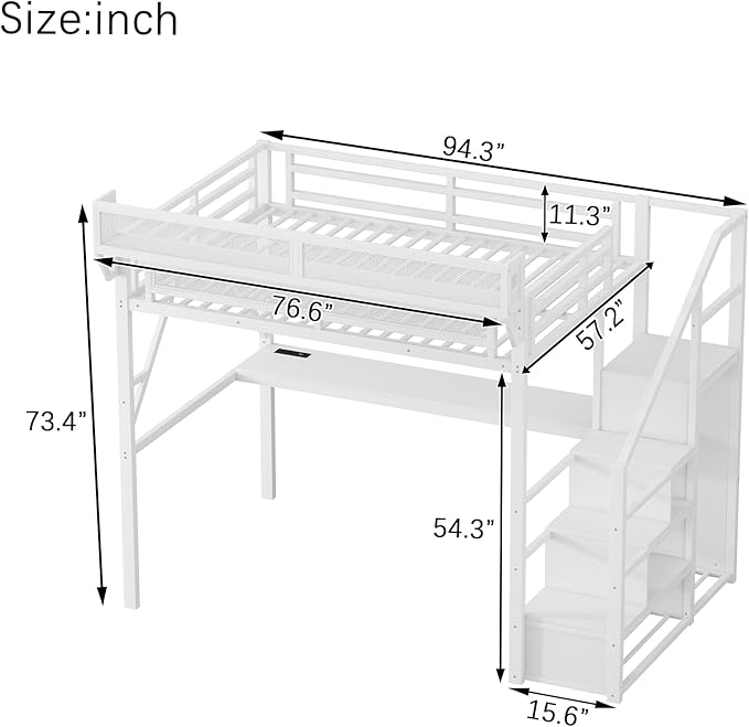 KEIKI Full Size Metal Loft Bed Frame with Desk, Staircase, Built-in Storage Shelves and Wardrobe, Modern Loft Bed with Solid Slats, Guardrail, No Box Spring Required, Easy Assembly, for Bedroom, White