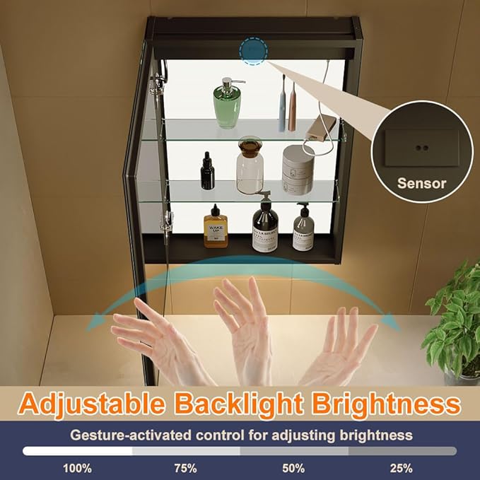 KWW LED Lighted Bathroom Medicine Cabinet with Backlit Panel, Sockets & USBs. Anti-Fog, Dimmable, 3 Color Light Makeup Mirror, Easy to Install, Wall Mounted (Inner Glow-Left hinge-20 * 28)