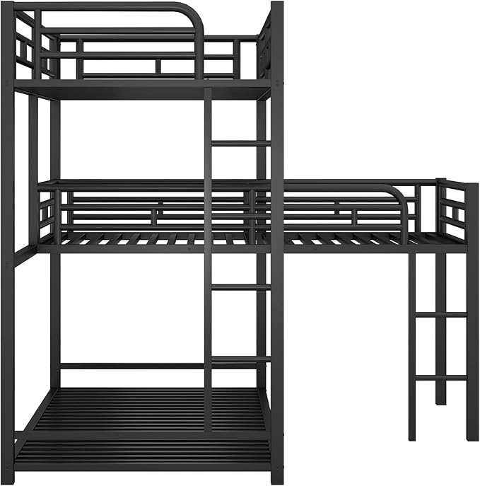 MERITLINE Metal Triple Bunk Bed for Kids, L-Shaped Twin Over Twin & Twin Bunk Bed Frame, 3 in 1 Bed Bunk Beds with Guardrails and Ladders for Teens Adults, Black
