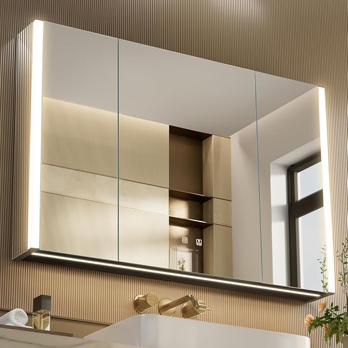 KWW LED Lighted Bathroom Medicine Cabinet with Sockets & USBs, Defogger, Dimmable, 3 Color Light Makeup Mirror, Easy to Install, Wall Mounted Cabinet (3 door-41 * 28)