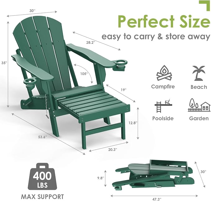 GREENVINES Adirondack-Chairs-with-Ottoman | Set of 6 | Folding | Retractable-Footrest | HDPE Plastic | All Weather Fire Pit Chair | Cup Holders | Forest | for Outdoor Poolside