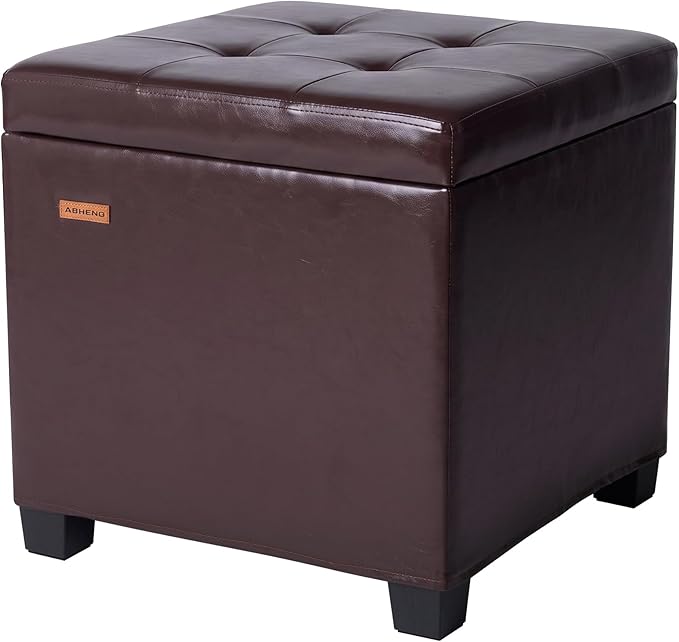 ABHENG Synthetic Leather Cover Steel Frame Ottoman with 48L Storage,17.7" x 17.7" x 17.7" Square Storage Ottoman Stool Cube with Legs,for Dorm Livingroom Brown UASND63R