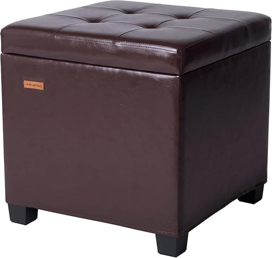 ABHENG Synthetic Leather Cover Steel Frame Ottoman with 48L Storage,17.7" x 17.7" x 17.7" Square Storage Ottoman Stool Cube with Legs,for Dorm Livingroom Brown UASND63R