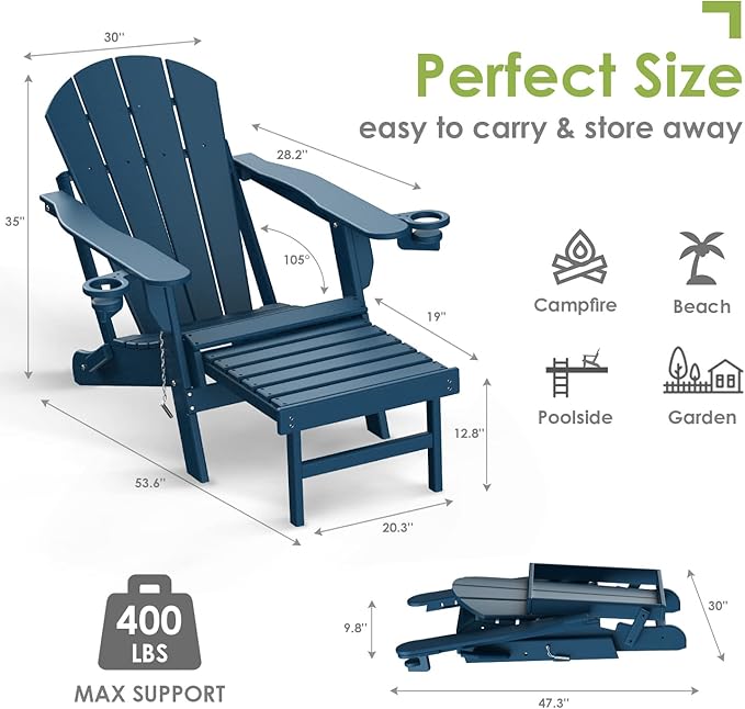 GREENVINES Adirondack-Chairs-with-Ottoman | Set of 4 | Folding | Retractable-Footrest | HDPE Plastic | All Weather Fire Pit Chair | Cup Holders | Blue | for Outdoor Poolside