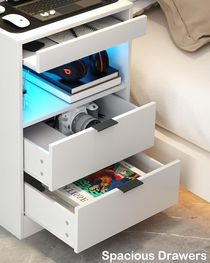 Gadroad LED Nightstand with Charging Station, Bedside Table with USB Ports & Power Outlets, Modern Night Stand with Drawers for Bedroom Small Spaces, White