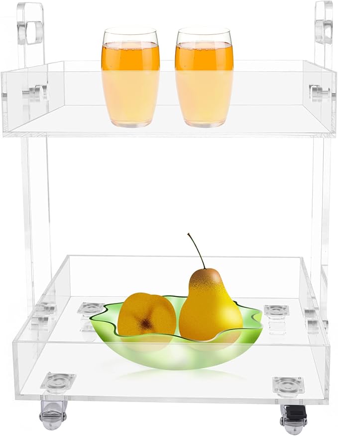 2-Tier Acrylic Cart Clear Acrylic Rolling Nightstand on Wheels Modern Side/End for Bedroom Bedside for Home Small Spaces Dining Room Tea Wine Holder Serving Cart Furniture