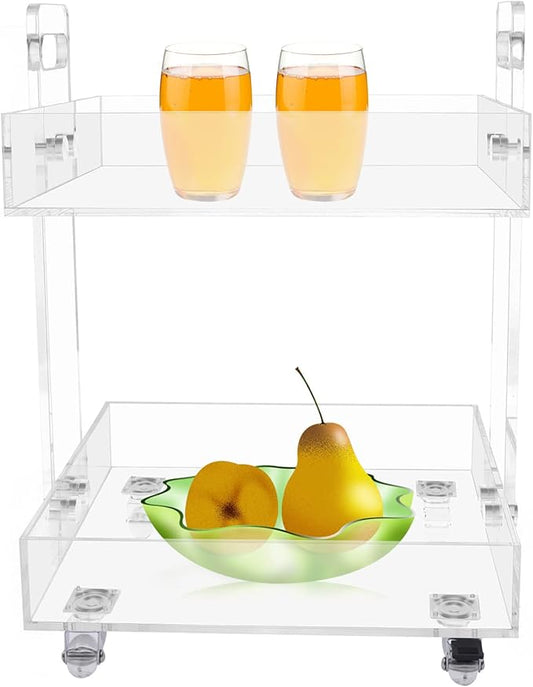 2-Tier Acrylic Cart Clear Acrylic Rolling Nightstand on Wheels Modern Side/End for Bedroom Bedside for Home Small Spaces Dining Room Tea Wine Holder Serving Cart Furniture