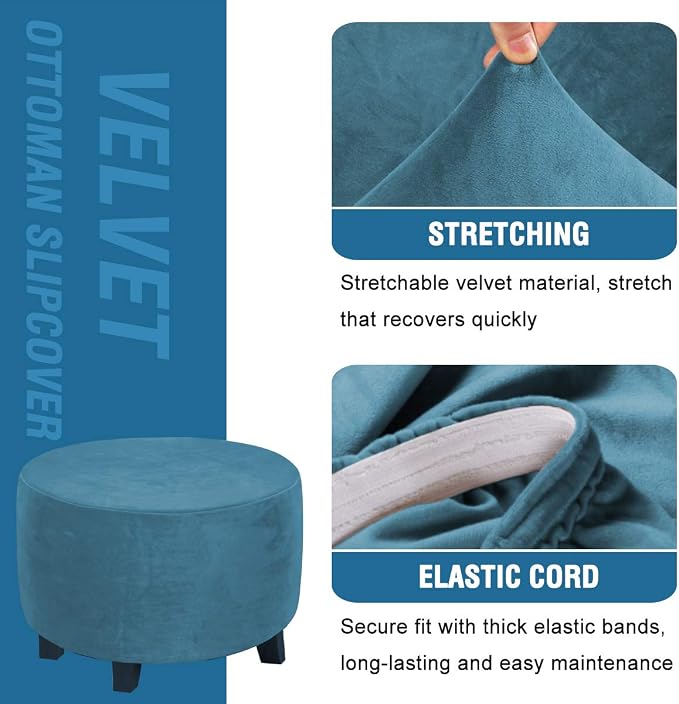 H.VERSAILTEX Round Ottoman Slipcover Ottoman Covers Slipcover Footstool Protector Covers Storage Stool Ottoman Covers Stretch with Elastic Bottom, Real Velvet Plush Fabric (X-Large, Peacock Blue)