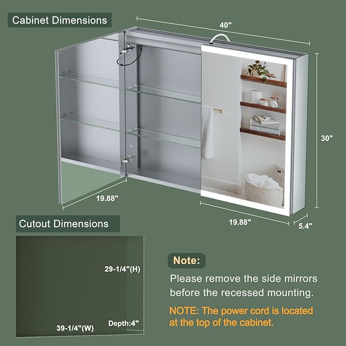 40x30 Inch Medicine Cabinet with Lights, AL Alloy Frame, Plug-in or Hardwired, Recessed or Wall Mount, Mirror Doors/3 Colors/Dimmable/Interior Sensor Light/Defog,2 Outlets & USBs,2 Shelves