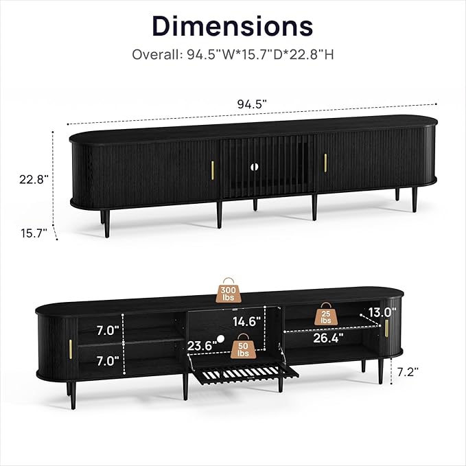 94.5" Fluted Mid Century Modern TV Stand for TVs Up to 80/85/86/90/98/100", Tambour Sliding Doors Entertainment Center with Storage&LED, Curved Media&TV Console Long TV Stands for Living Room, Black