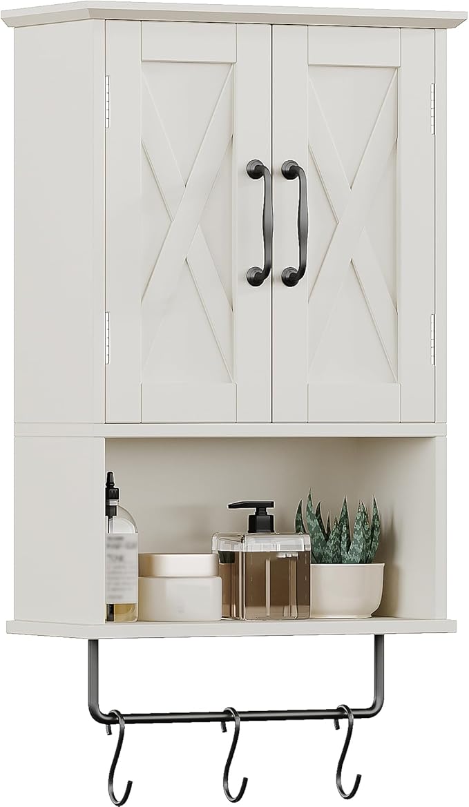 ChooChoo Farmhouse Medicine Cabinet, Bathroom Wall Cabinet with Adjustable Shelf, Towel Bar, 3 Hooks, Over The Toilet Storage Cabinet for Bathroom, Kitchen, 19.3''L, White