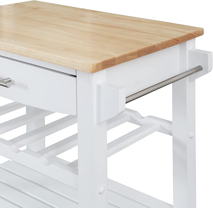 Convenience Concepts Ellaine Butcher Block Kitchen Cart 24.75" - 4 Tier Kitchen Island with Storage Drawer, Dining Room Wine Rack on Wheels, Coffee Station Table, Mobile Utility Trolley, White