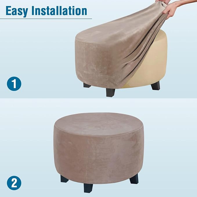 H.VERSAILTEX Round Ottoman Slipcover Ottoman Covers Slipcover Footstool Protector Covers Storage Stool Ottoman Covers Stretch with Elastic Bottom, Feature Real Velvet Plush Fabric (X-Large, Taupe)