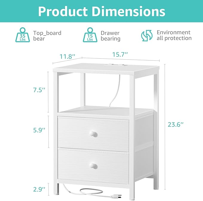 BOLUO White Nightstand with Charging Station, LED Night Stand with 2 Fabric Drawers, Bedside Table with USB Ports and Outlets, Nightstand for Bedroom Modern