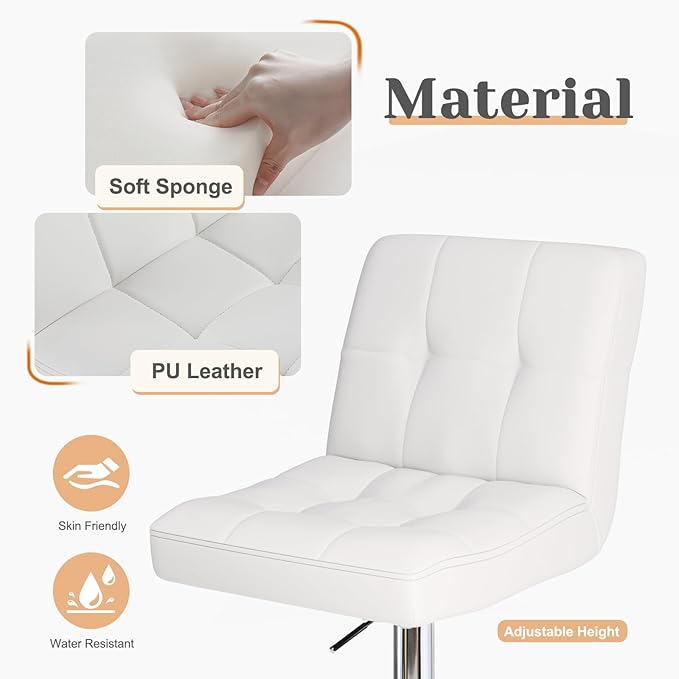 Sweetcrispy Bar Stools Set of 2, Armless PU Leather Adjustable Swivel Barstools, Hydraulic Kitchen Counter Height Thickened Seat Cushion Square Island Countertop Chairs with Back, White