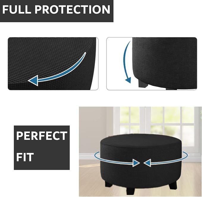 Stretch Ottoman Slipcover – Round Furniture Protector Fits 20"-23" Dia, for Footrests, Storage Ottomans & Folding Stools – Elastic Fabric Cover (Black, Medium)