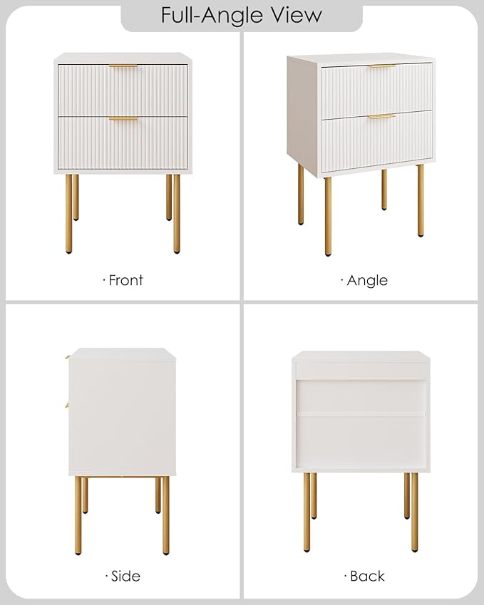 Aienvey Night Stand, Modern Nightstand with Drawers, Bedside Table, Gold Small Side Table for Bedroom, Living Room End Table (White Stripe, 2 Drawers)
