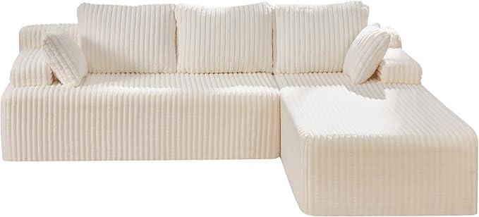 Hobestluk Modular Sectional Sofa Boneless Couch L-Shape Couch 3 Seat Modular Couch Memory Foam Sectional Couches for Living Room Furniture, Cloud Couch Lounge (White Stripe, 98" Right Facing Chaise)