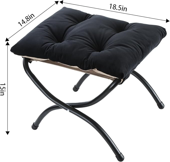 15" Foldable Foot Stool Ottoman with Metal Frame - Washable Black Upholstered Indoor/Outdoor Footrest for Living Room, Bedroom, Patio - Space-Saving Compact Design