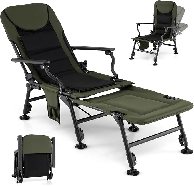 Goplus Foldable Fishing Chair for Adults, Heavy Duty All-Terrain Camping Chair with Detachable Footrest, Padded High-Back, Armrest, Adjustable Feet, Portable Recliner for Outdoor Patio Beach