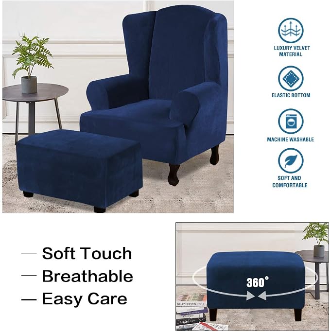 H.VERSAILTEX Real Velvet Plush 1 Piece Form Fit Stretch Rectangle Folding Storage Covers Ottoman Slipcovers Removable Footstool Protect Footrest Covers Elastic Bottom, Machine Washable(Large, Navy)