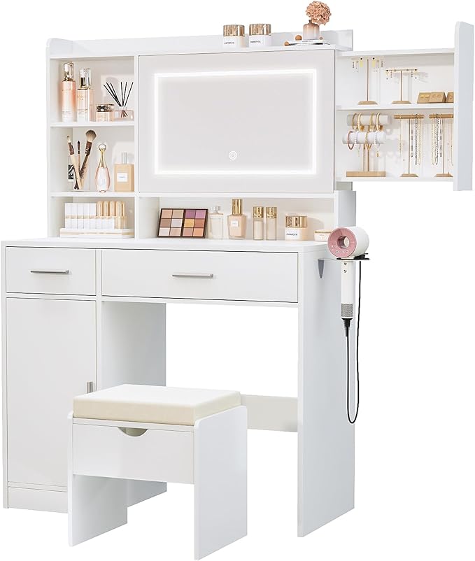 Viaozutis Vanity Desk with Mirror and Lights, with Hidden Shelves,4 Compartments,2 Drawers,Cabinet & Stool,Dimmable LED Lights,Power Outlets, Ideal for Bedroom Vanity Organization(White)
