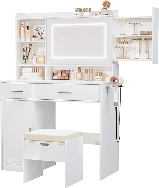 Viaozutis Vanity Desk with Mirror and Lights, with Hidden Shelves,4 Compartments,2 Drawers,Cabinet & Stool,Dimmable LED Lights,Power Outlets, Ideal for Bedroom Vanity Organization(White)