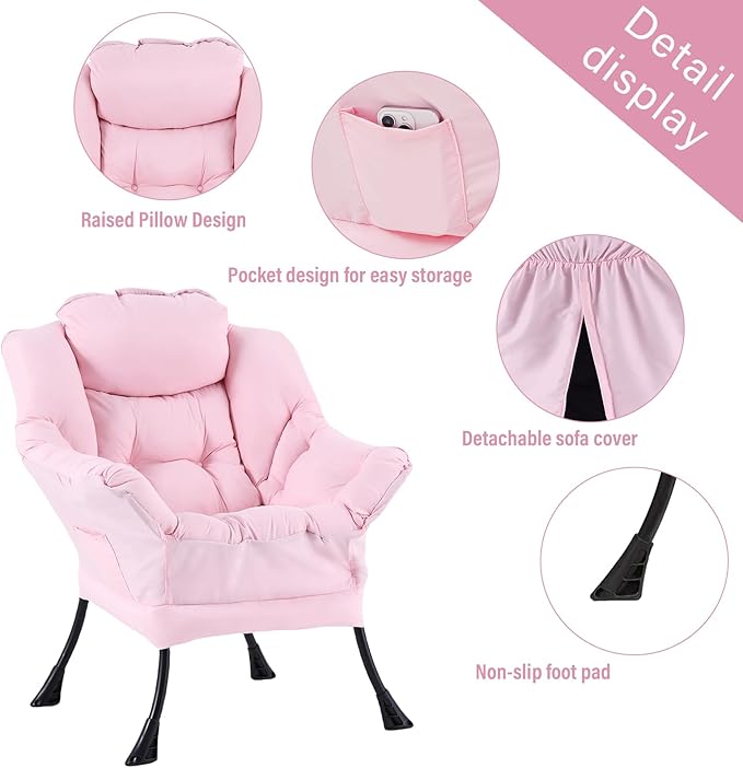 Welnow Pink Lazy Chair with Ottoman, Modern Reading Accent Chair with Armrests and a Side Pocket, Leisure Upholstered Lazy Sofa Set with Footrest for Small Space