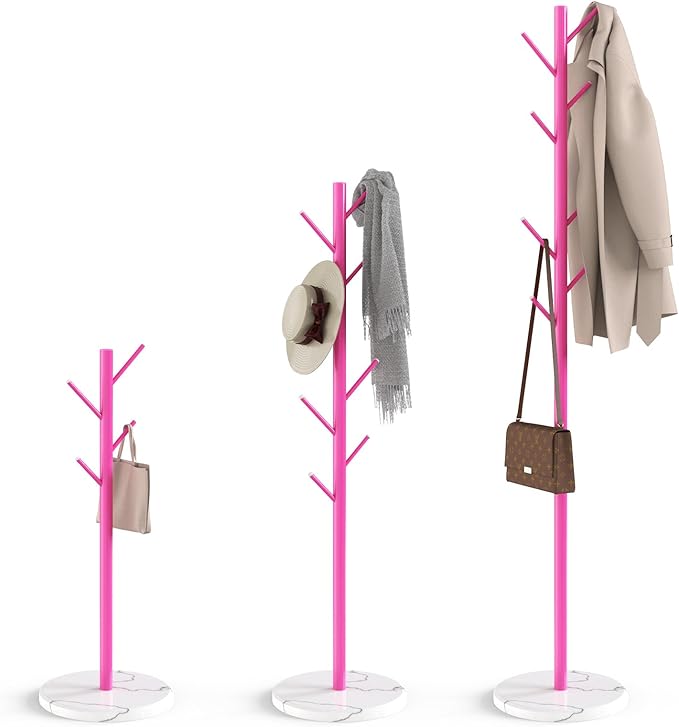 HzTinT Coat Rack with Natural Marble Base, Metal Freestanding Coat Rack with 8 Hooks, 3 Adjustable Size Sturdy Coat Tree for Bags, Coats, and Hats for Entryway, Hallway, Bedroom, Office, Pink