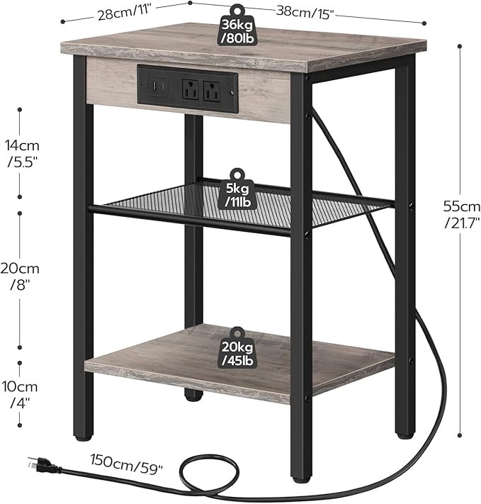 HOOBRO Side Tables Set of 2 with Charging Station and USB Port, Small End Tables for Small Space, 3-Tier Nightstands with Adjustable Shelf, for Living Room, Bedroom, Greige and Black BG112BZP201
