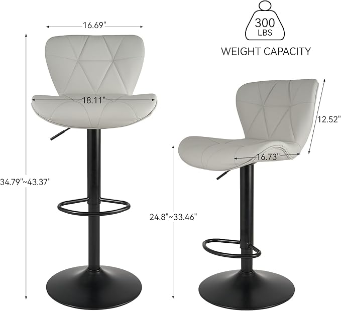 Nalupatio Modern Bar Stools Set of 4, Adjustable Faux Leather Upholstered Swivel Bar Stools, Counter Height Bar Chairs with Back for Kitchen Island, Light Grey