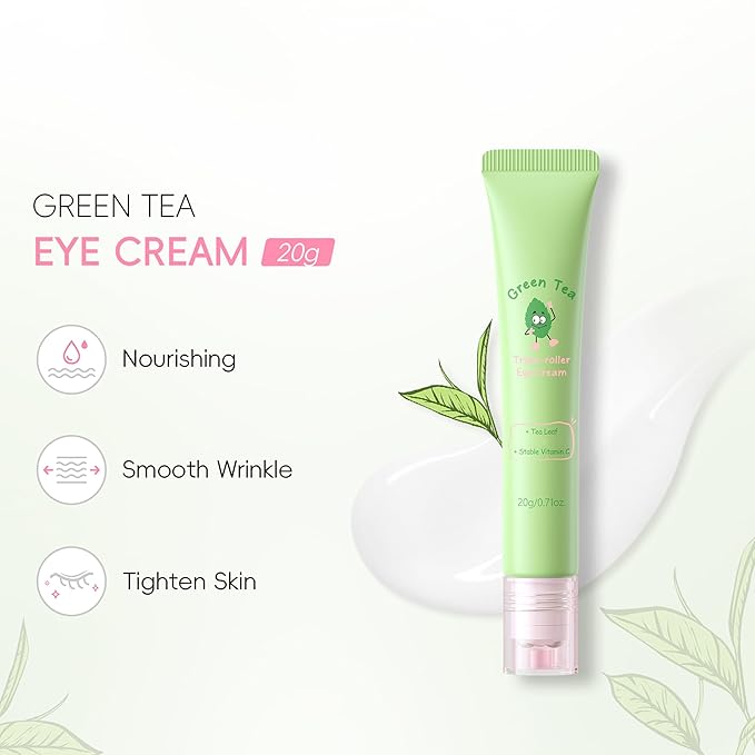 Green Tea Eye Roller Cream, Under Eye Moisturizer For Puffiness, Fine Lines and Bags, Green Tea Extract + Coffee Extract, Skin Care Eyes Repair Gel Hydrating & Cooling Formula, 0.71oz