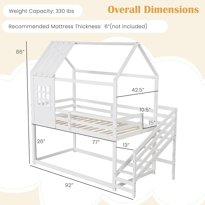 Giantex Twin Bunk Beds with Stairs, Floor House Bed with Roof & Window, Solid Wood Twin Over Twin Bunk Bed with Full-Length Guardrails and Steps, Space-Saving House Bed for Kids, Girls, Boys, White
