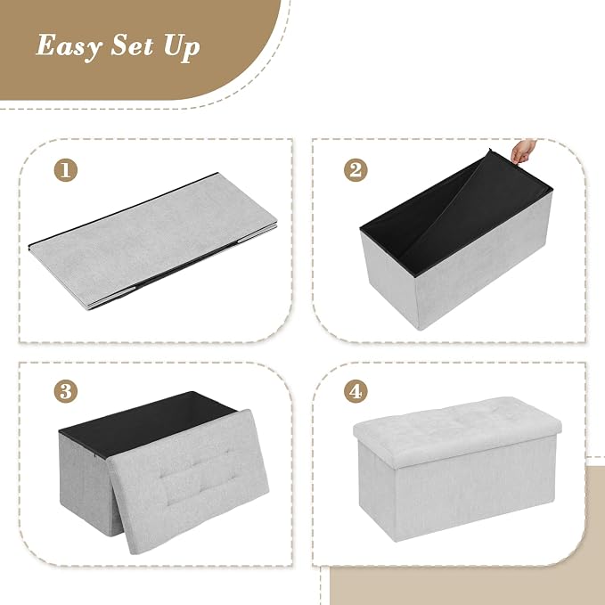 Athena Collection Linen Ottoman with Storage, 30 Inches Large Storage Ottoman Bench with 90L Storage, End of Bed Bench Foot Rest for Living Room, Bedroom, Entry, Light Grey