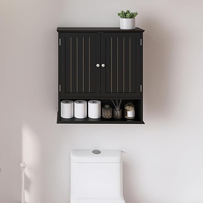 Viaozutis Over The Toilet Bathroom Wall Cabinet with 2 Doors and Open Shelf, Wooden Space Saving Storage Cabinet, Medicine Cabinet for Bathroom Organization,Black