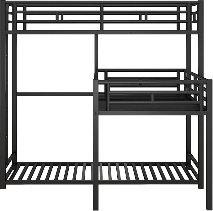 MERITLINE Metal Triple Bunk Bed for Kids, L-Shaped Twin Over Twin & Twin Bunk Bed Frame, 3 in 1 Bed Bunk Beds with Guardrails and Ladders for Teens Adults, Black
