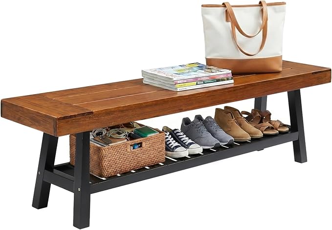 VINGLI 63in Storage Bench, Solid Wood Seat with Iron Storage Shelf, Weather Resistant High Capacity Indoor Outdoor Dining Benches, Sturdy Shoe Rack Bench for Entryway Mudroom Porch